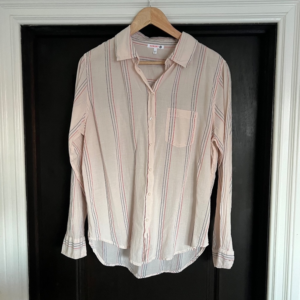 Sundry Pink Striped Button Down Shirt Large (Size 3)